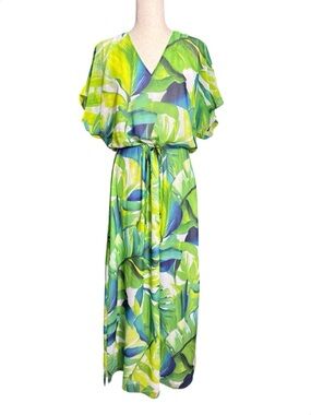 White House Black Market Green Leaf-Print V-Neck Maxi Dress Size 10